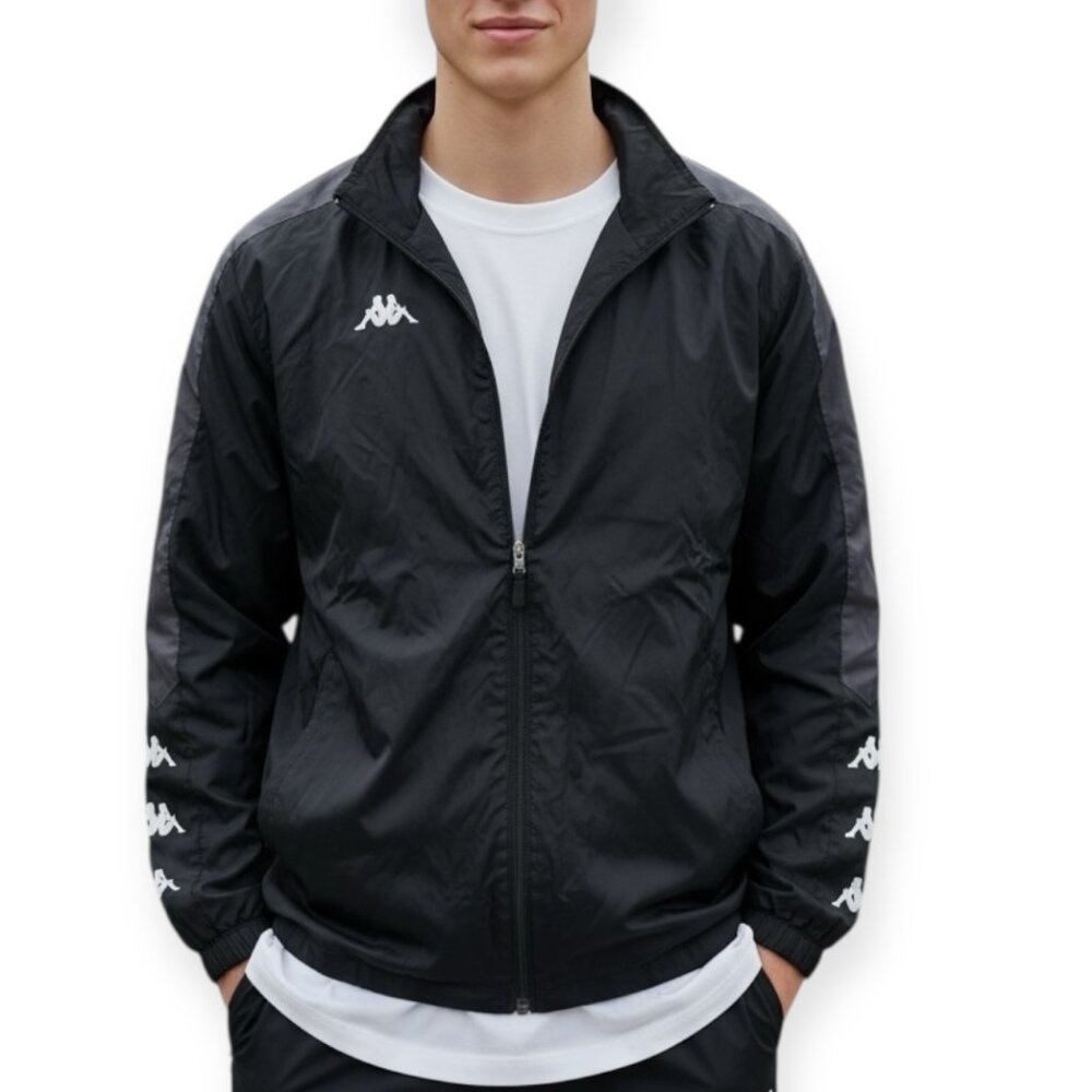 Kappa XXL Windbreaker Jacket Black Nylon Mesh Lined Retro 90s Style Logo Sleeve